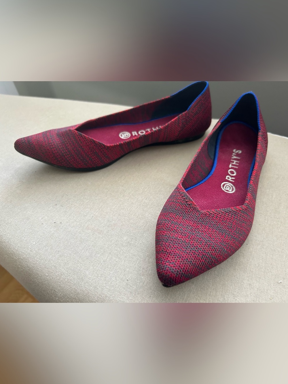 Rothy's Pointed Knit Flats in Burgundy with Blue Trim